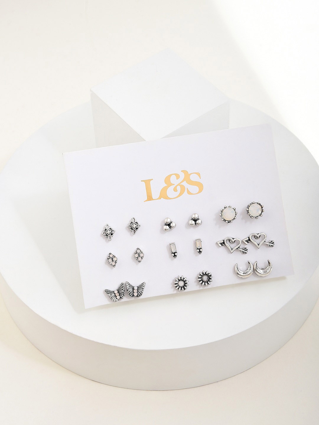 

Lilly & sparkle Set Of 9 Silver Plated Stone Studded Oxidised Studs Earrings