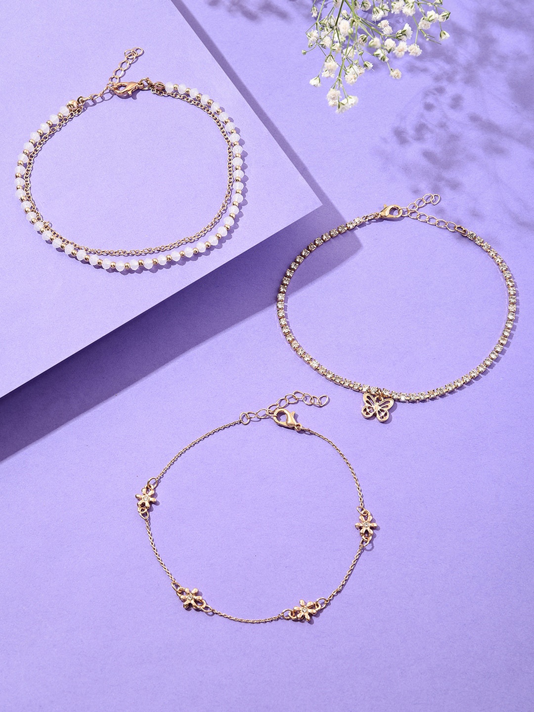 

Lilly & Sparkle Gold-Toned Set of 3 Flower and Butterfly Charm Crystal Anklets