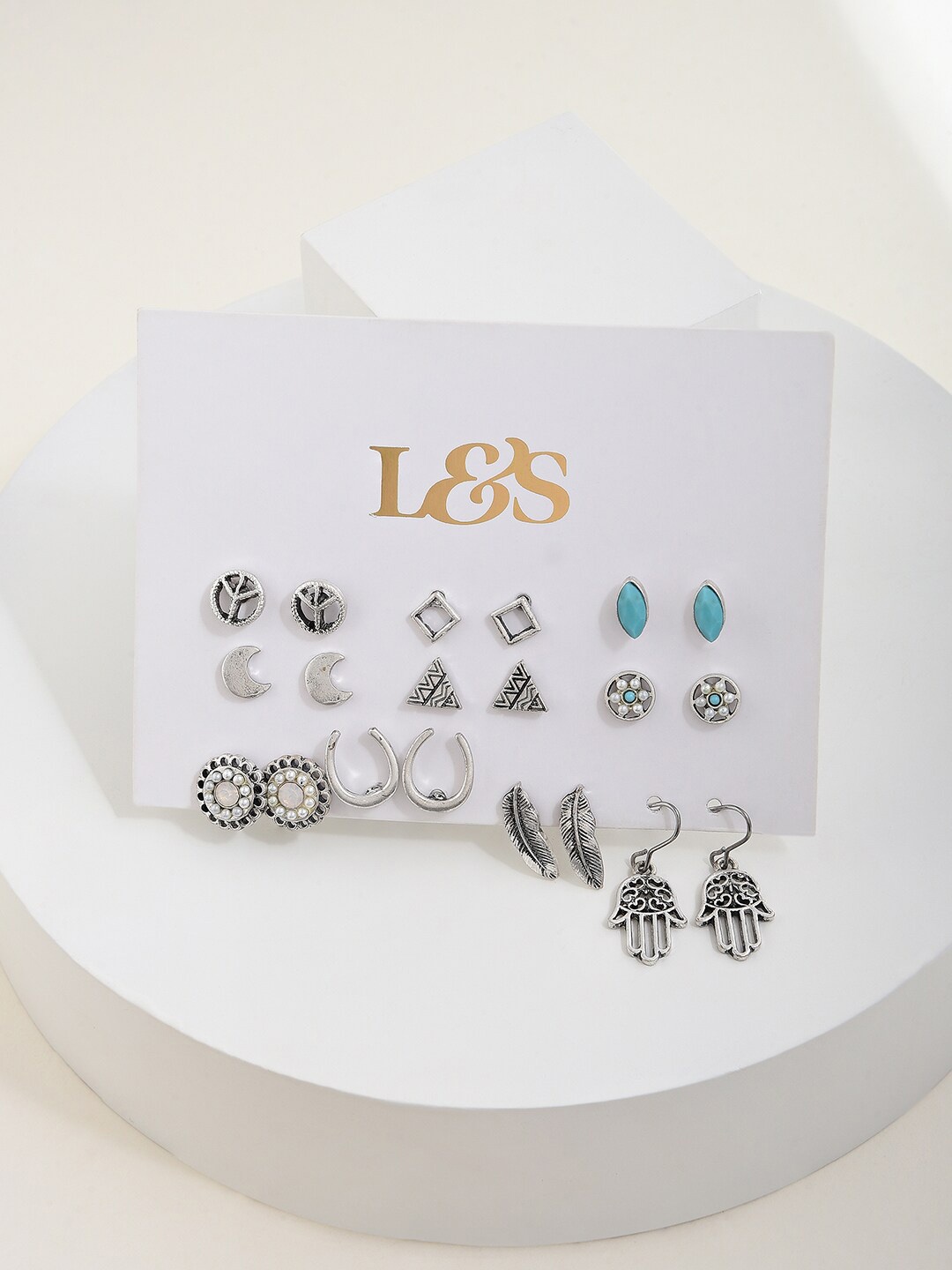 

Lilly & sparkle Set Of 10 Silver-Plated Oxidized Studs Earrings