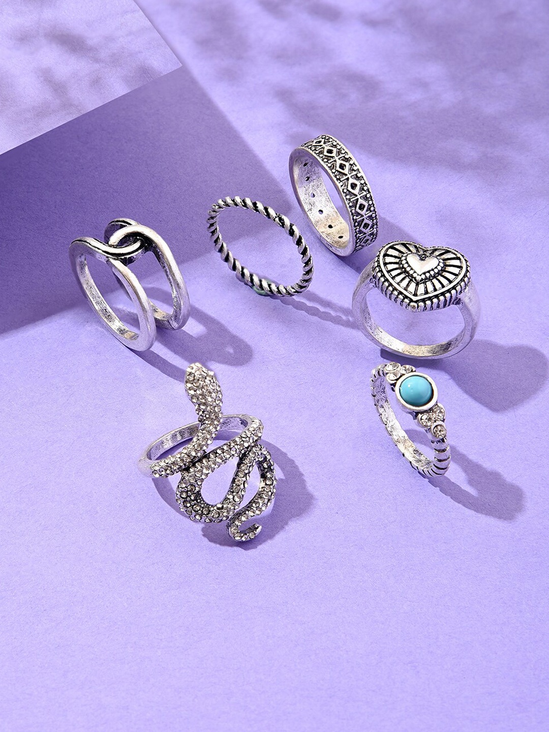 

Lilly & sparkle Set Of 6 Oxidised Silver-Plated Crystal Studded Finger Ring