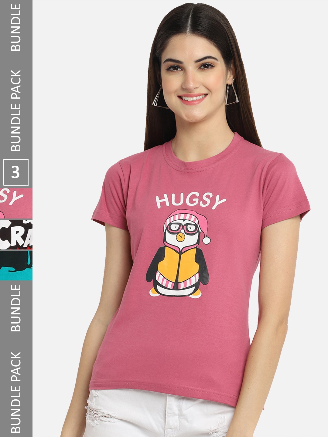 

BAESD Pack Of 3 Graphic Printed Cotton T-Shirt, Pink