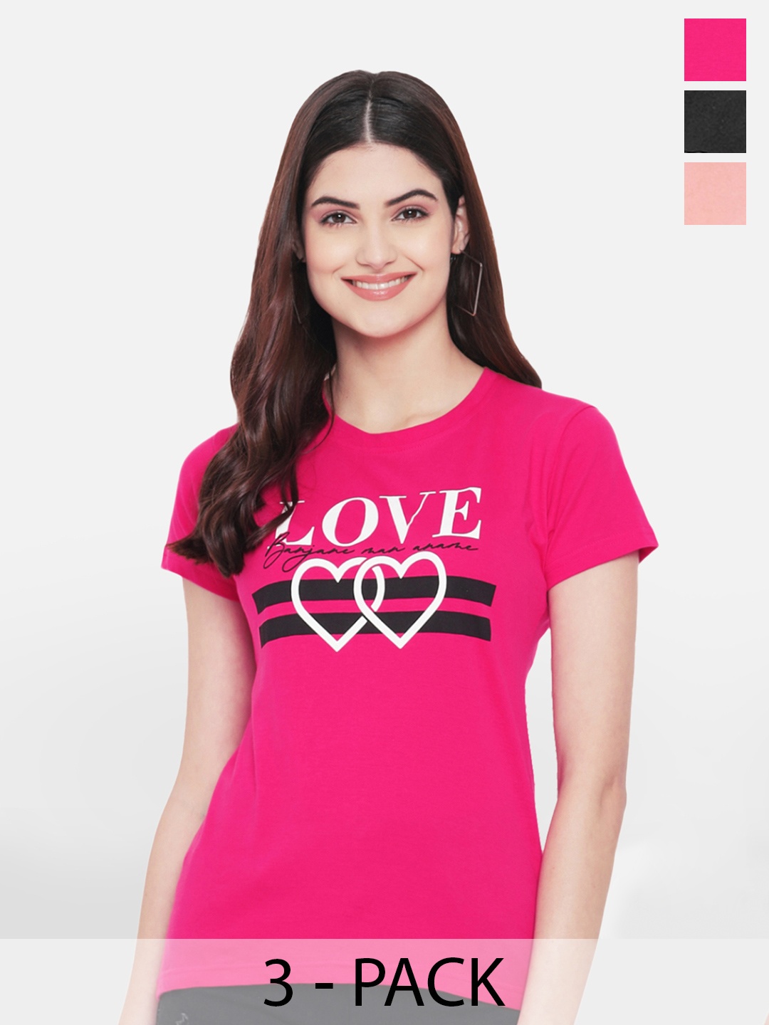 

BAESD Pack Of 3 Typography Printed Casual Cotton T-shirts, Pink