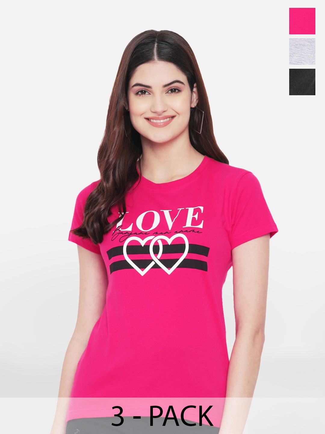 BAESD Pack Of 3 Typography Printed Round Neck Cotton T-Shirt, Pink