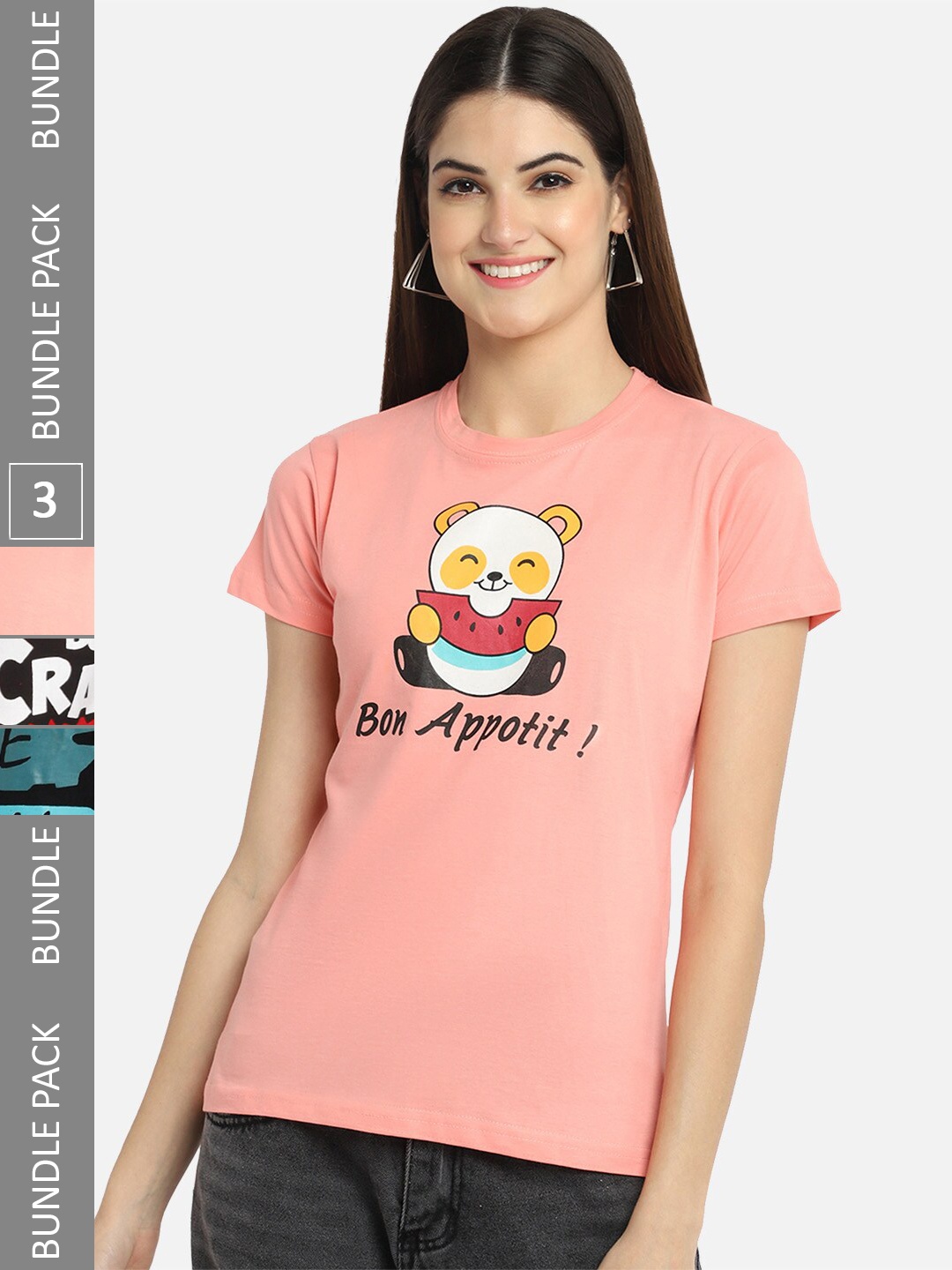 

BAESD Pack Of 3 Graphic Printed Cotton T-shirts, Peach