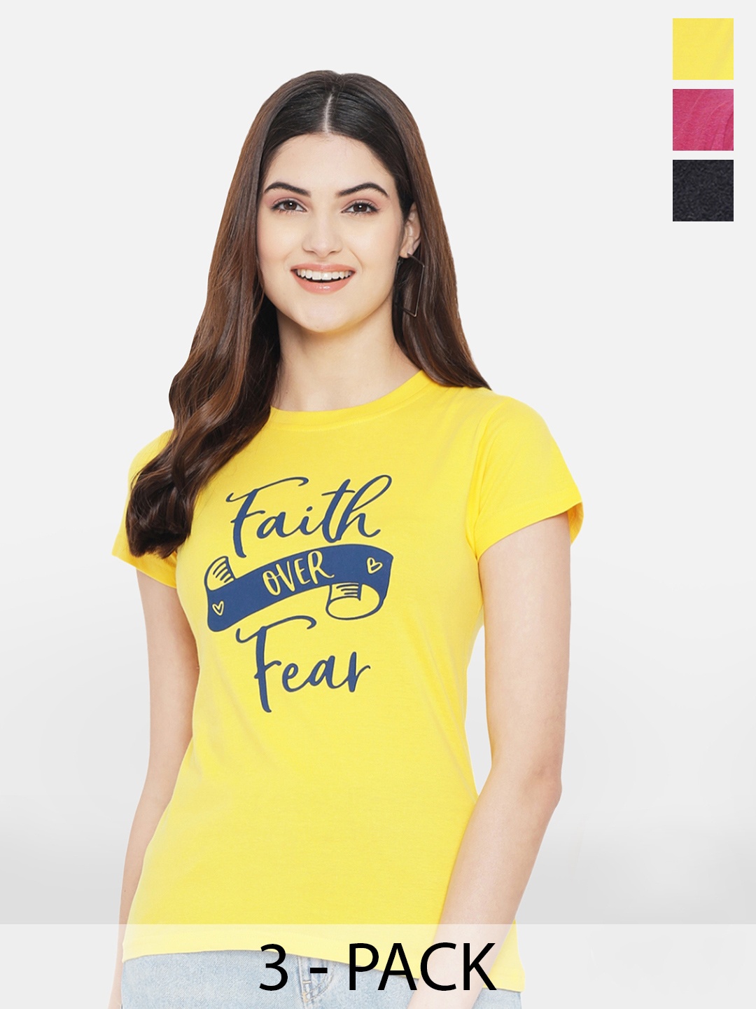 

BAESD Pack Of 3 Typography Printed Round Neck Cotton T-Shirt, Yellow