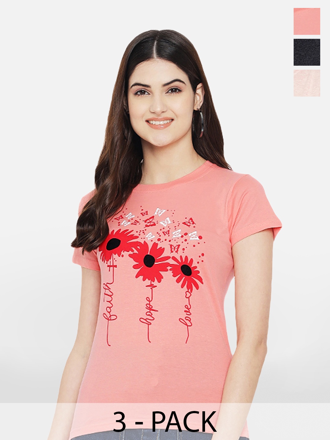 

BAESD Pack Of 3 Printed Round Neck Cotton T-Shirt, Pink
