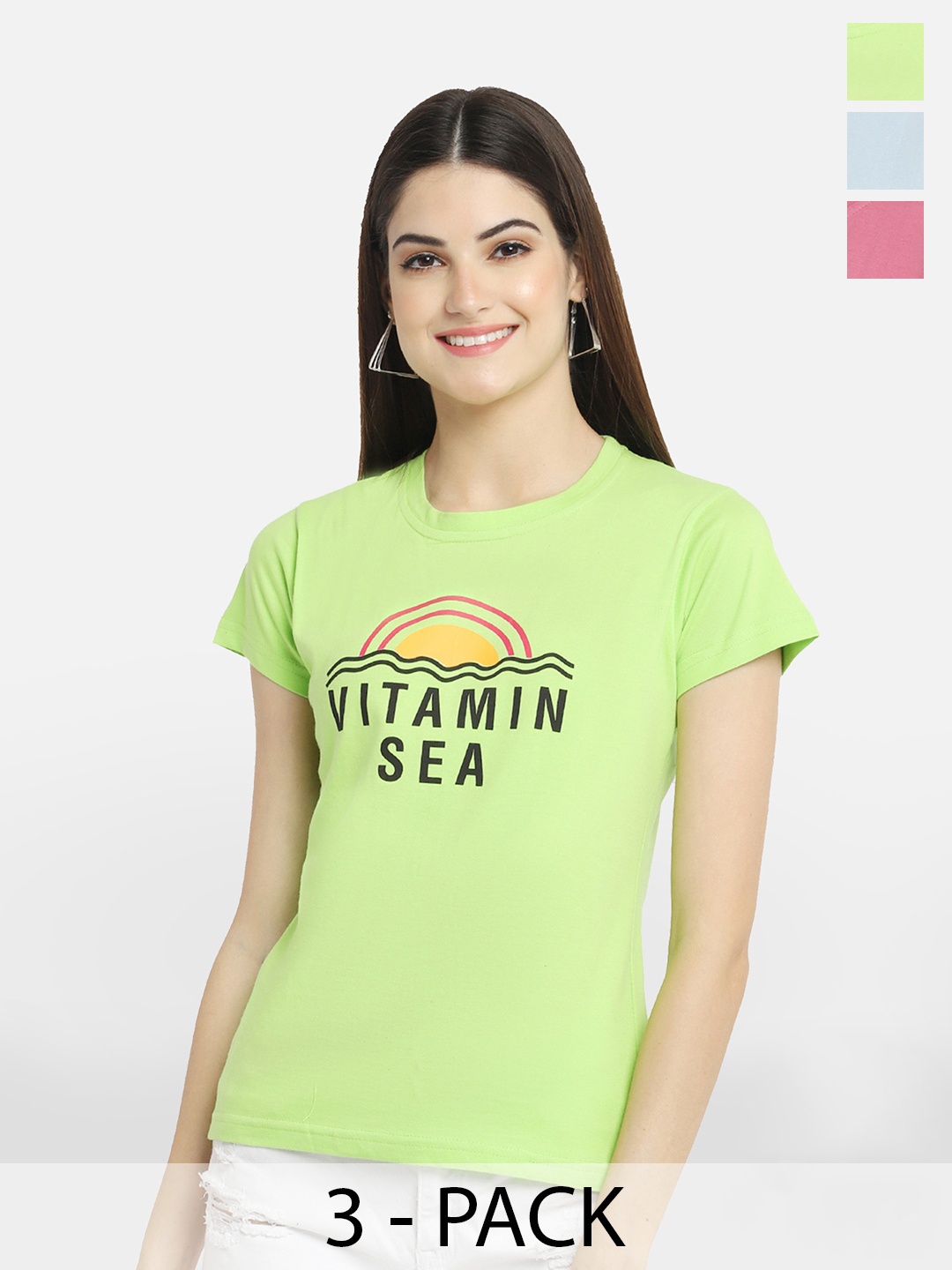 BAESD Pack Of 3 Typography Printed Round Neck Cotton T-Shirt, Green