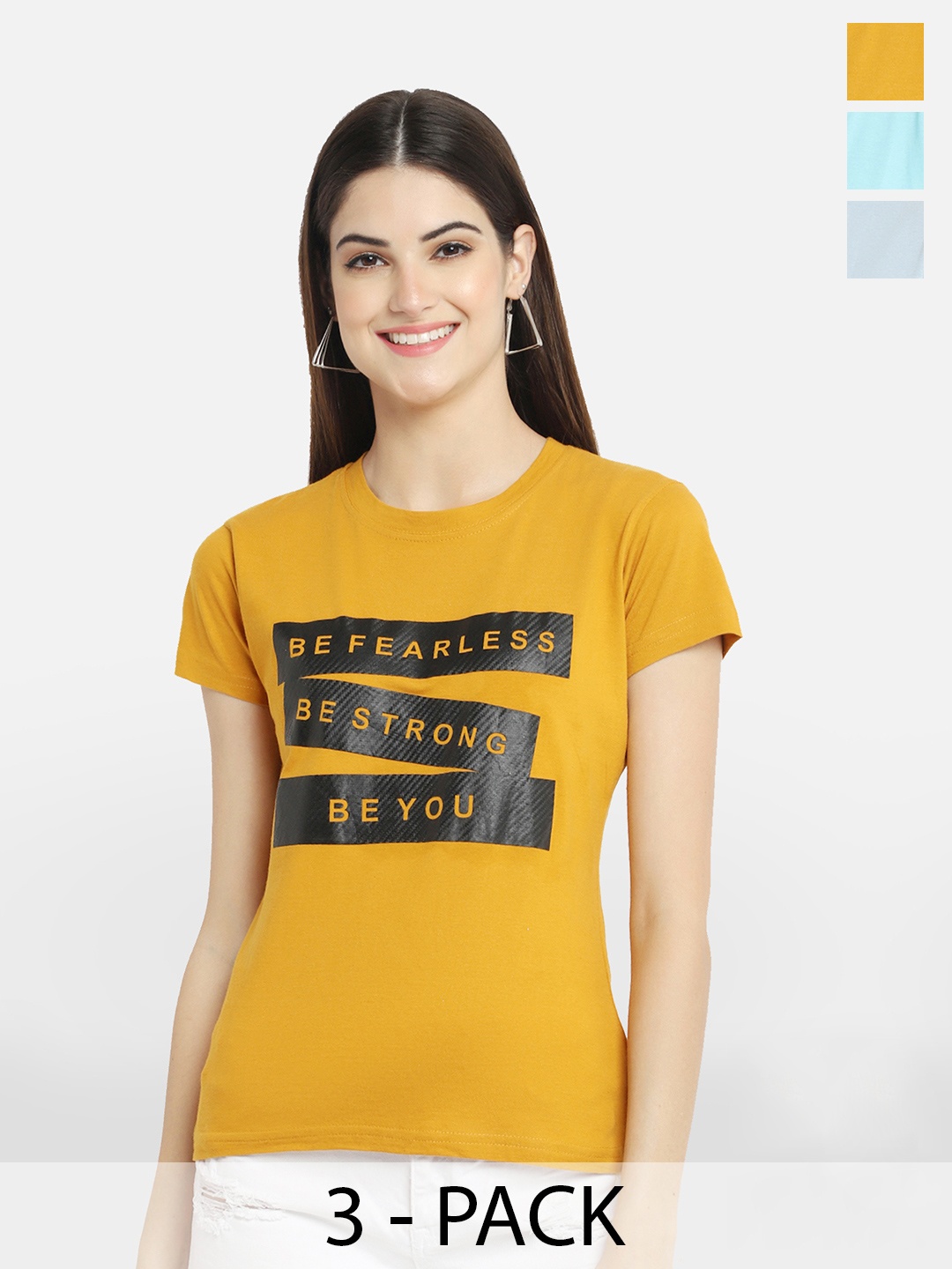BAESD Pack Of 3 Typography Printed Round Neck Cotton T-Shirt, Mustard
