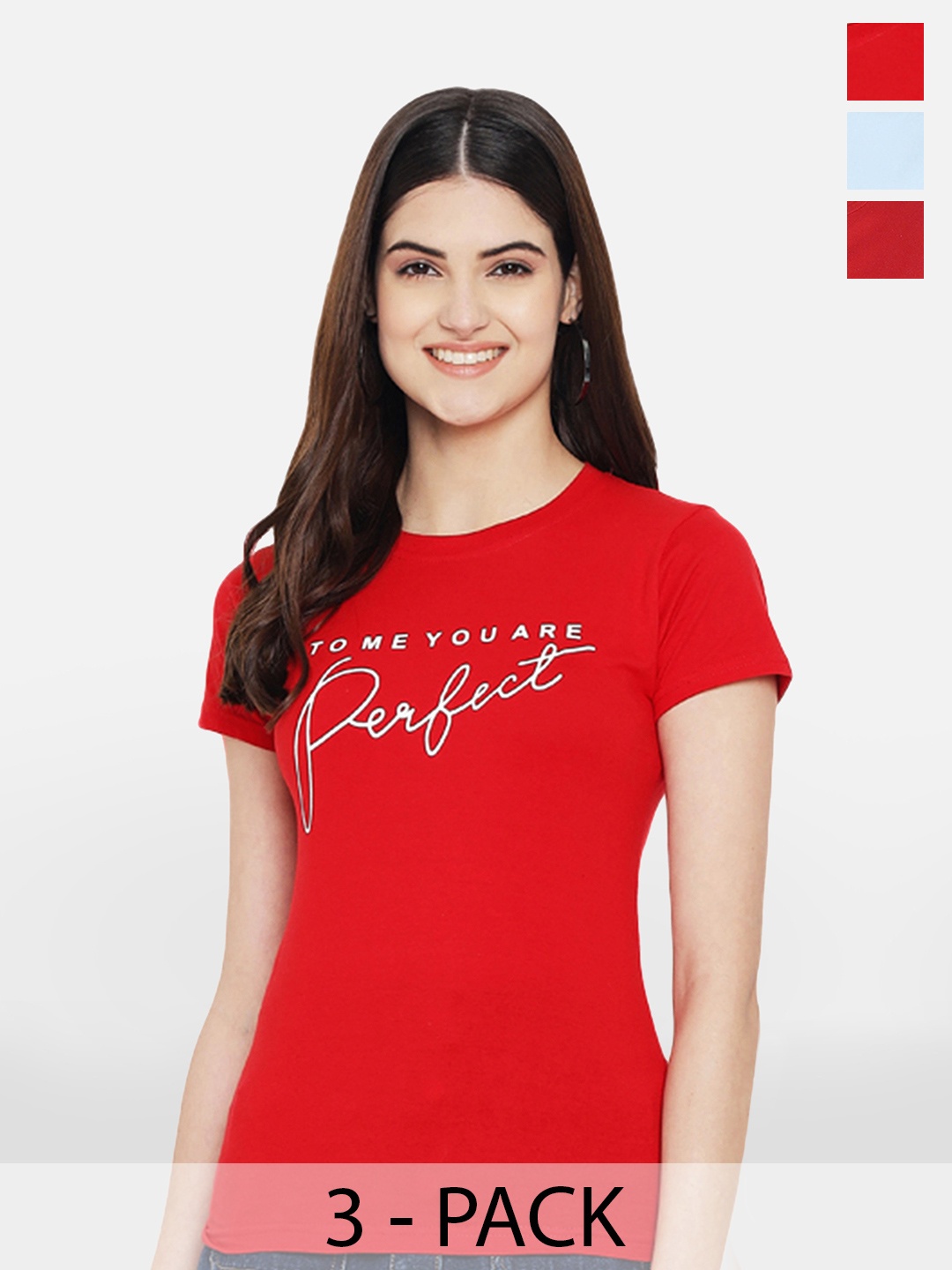 BAESD Pack Of 3 Typography Printed Round Neck Cotton T-Shirt, Red