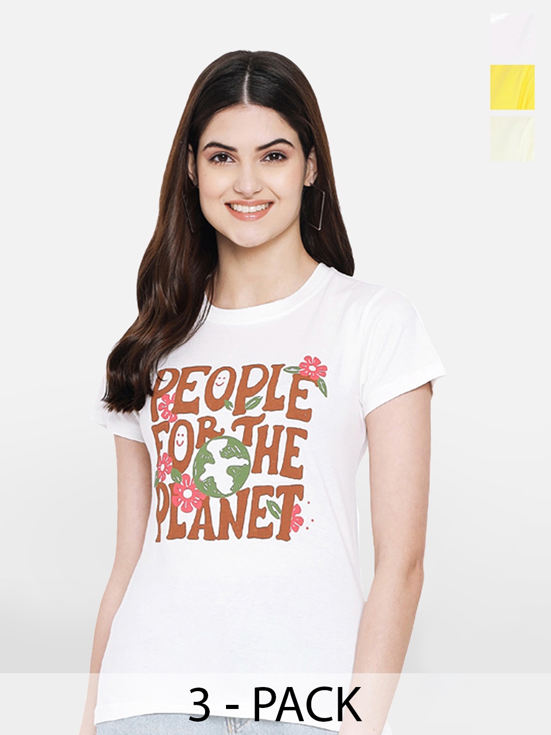 BAESD Pack Of 3 Typography Printed Round Neck Cotton T-Shirt, White