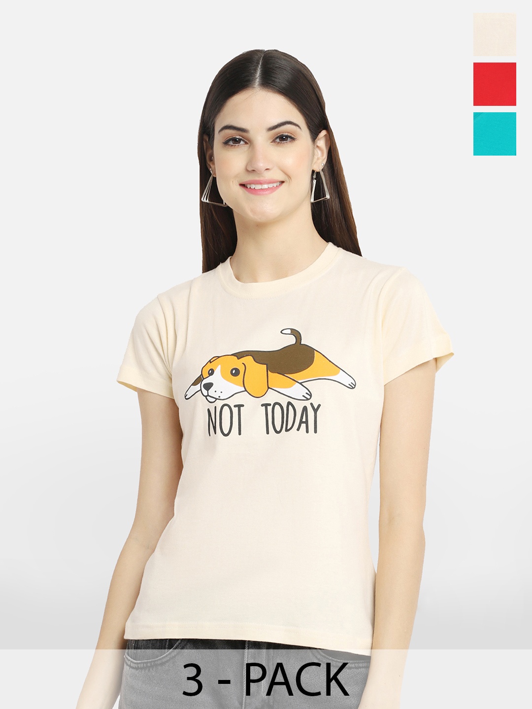 BAESD Pack Of 3 Typography Printed Round Neck Cotton T-Shirt, Peach