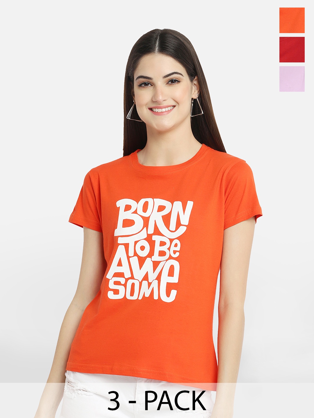 

BAESD Pack Of 3 Typography Printed Cotton T-Shirts, Orange