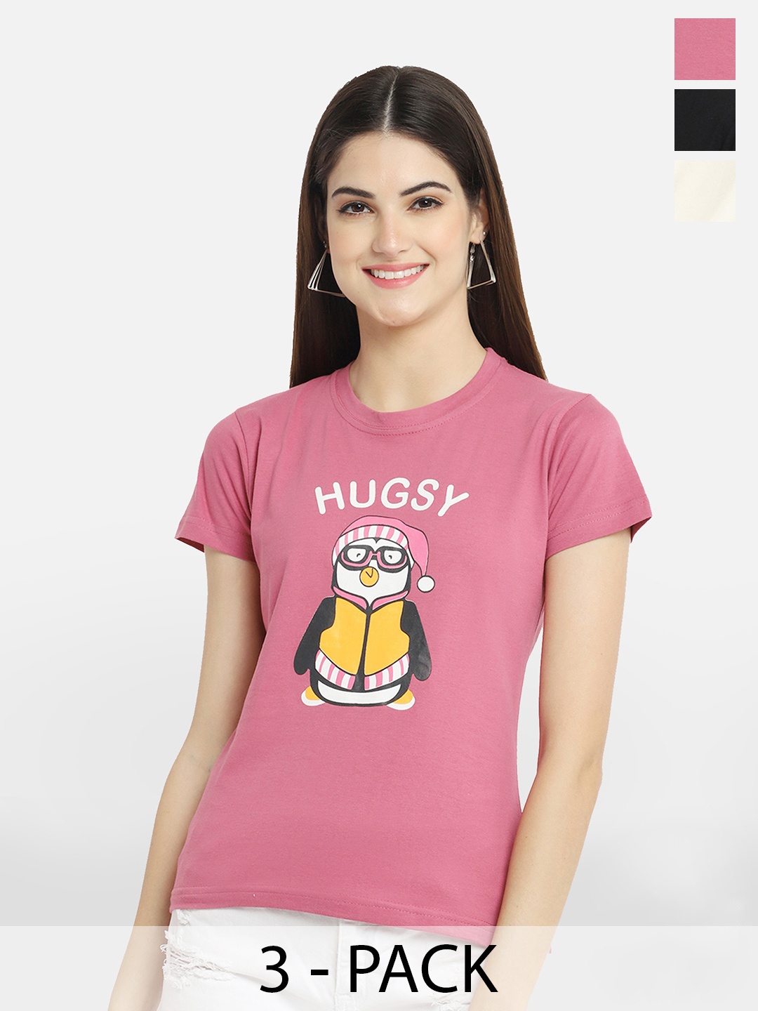 

BAESD Pack Of 3 Typography Printed Cotton T-Shirts, Pink