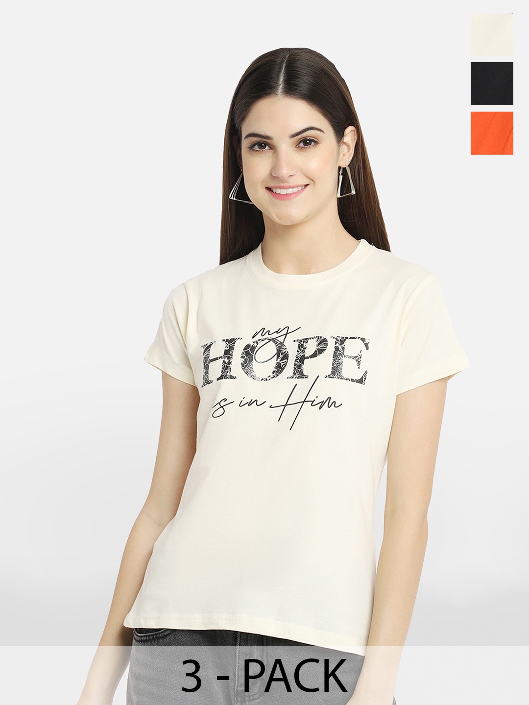 

BAESD Pack Of 3 Typography Printed Cotton T-Shirts, Cream