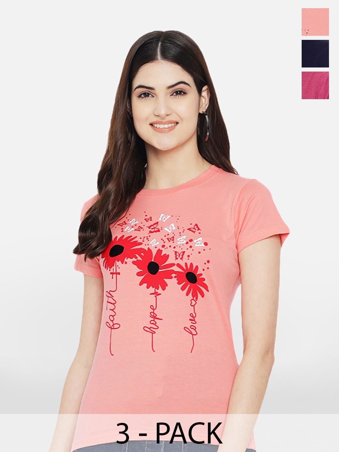 

BAESD Pack Of 3 Typography Printed Casual Cotton T-shirts, Peach