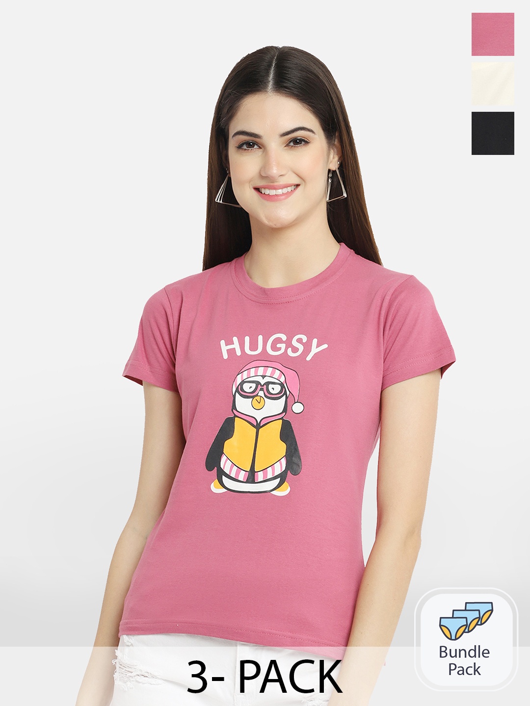 

BAESD Pack Of 3 Printed Cotton T-shirt, Pink