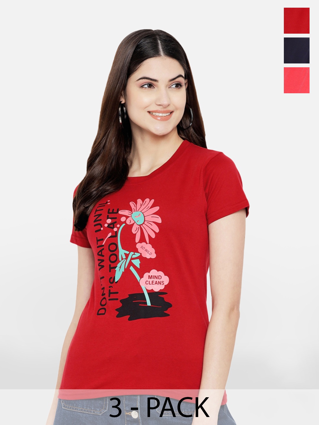 

BAESD Pack Of 3 Printed Cotton T-shirt, Red