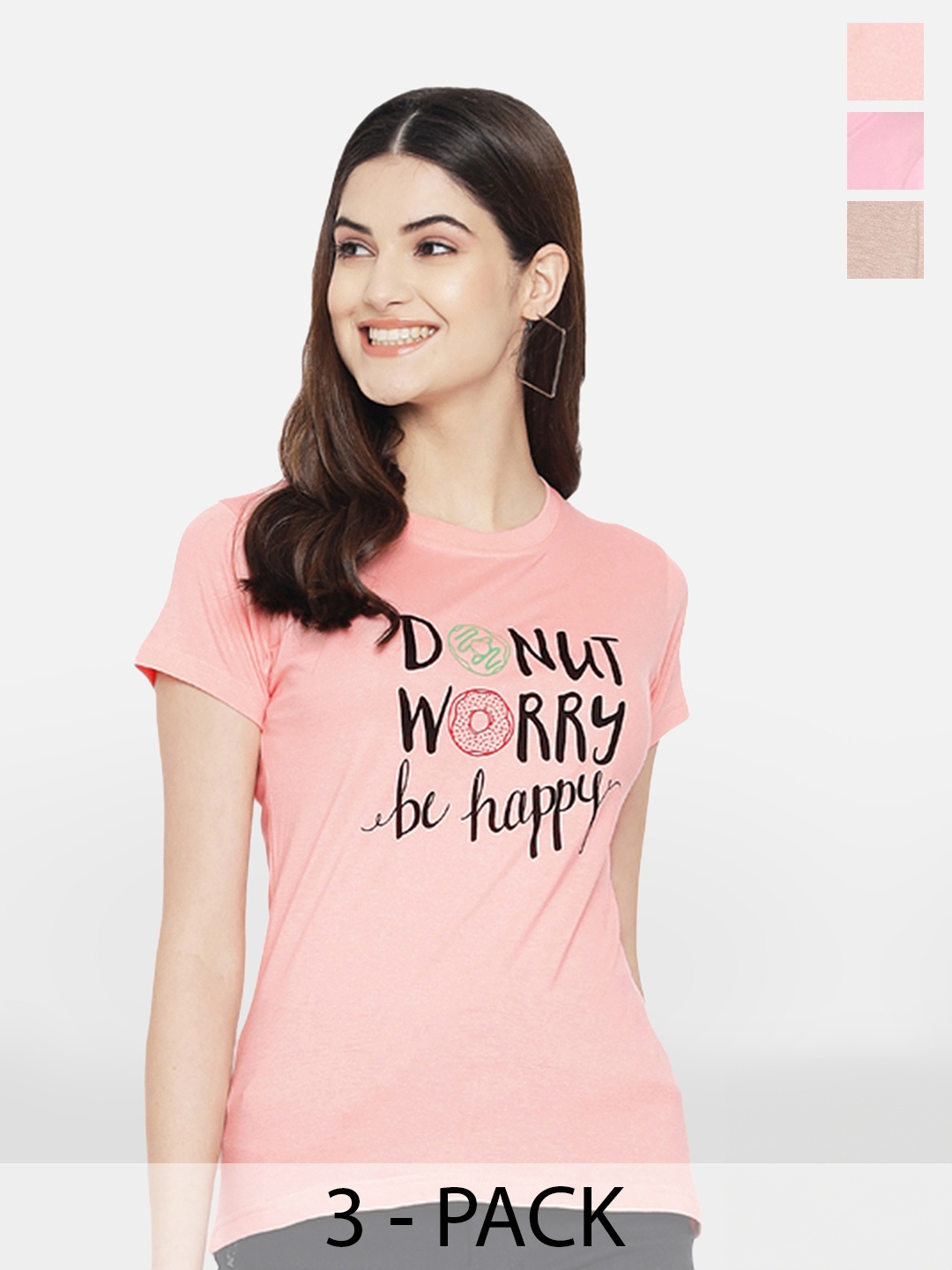 BAESD Pack Of 3 Typography Printed Cotton T-shirt, Peach