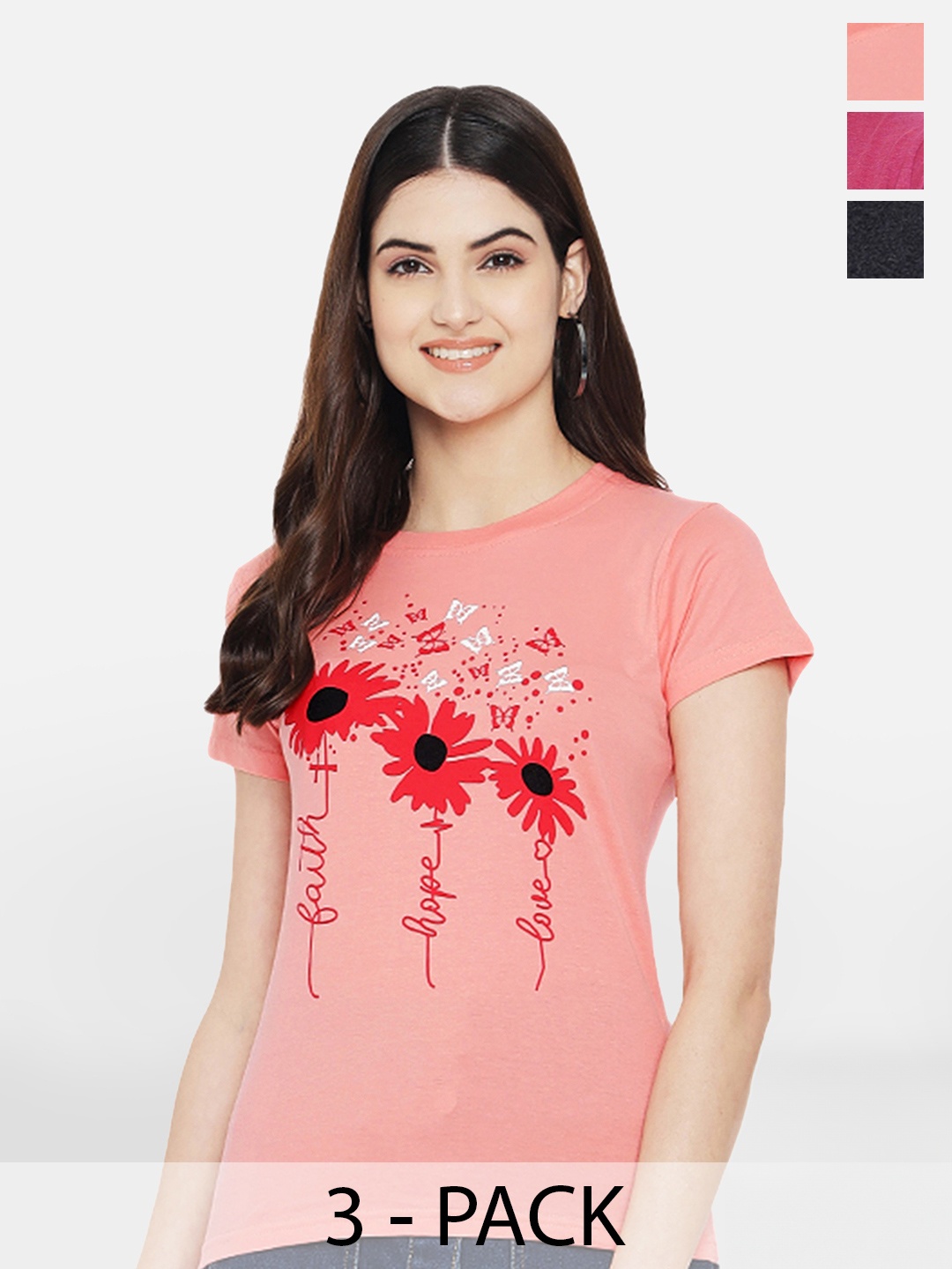 

BAESD Pack Of 3 Typography Printed Cotton T-shirt, Peach