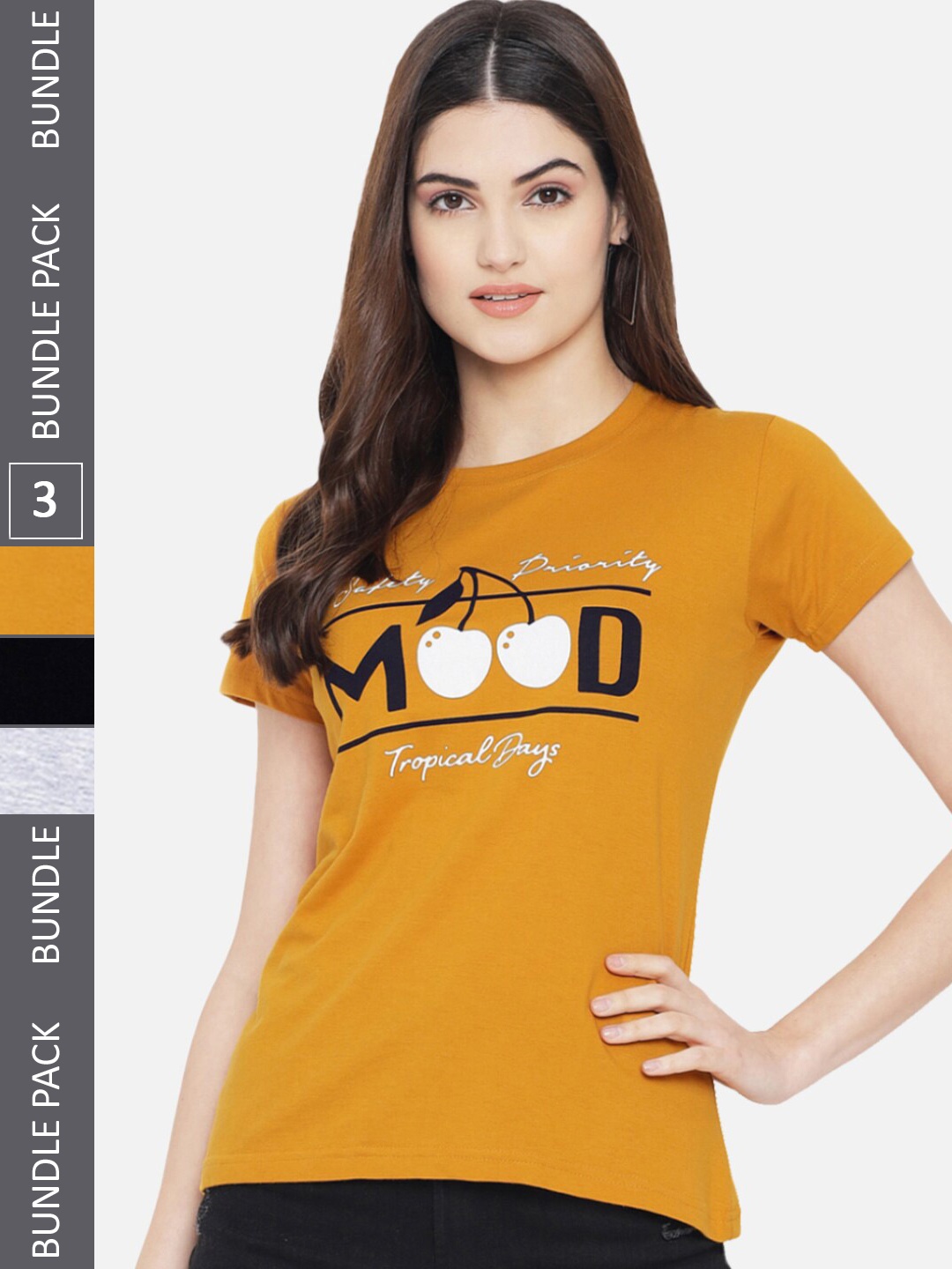 

BAESD Pack Of 3 Typography Printed Cotton T-shirt, Mustard