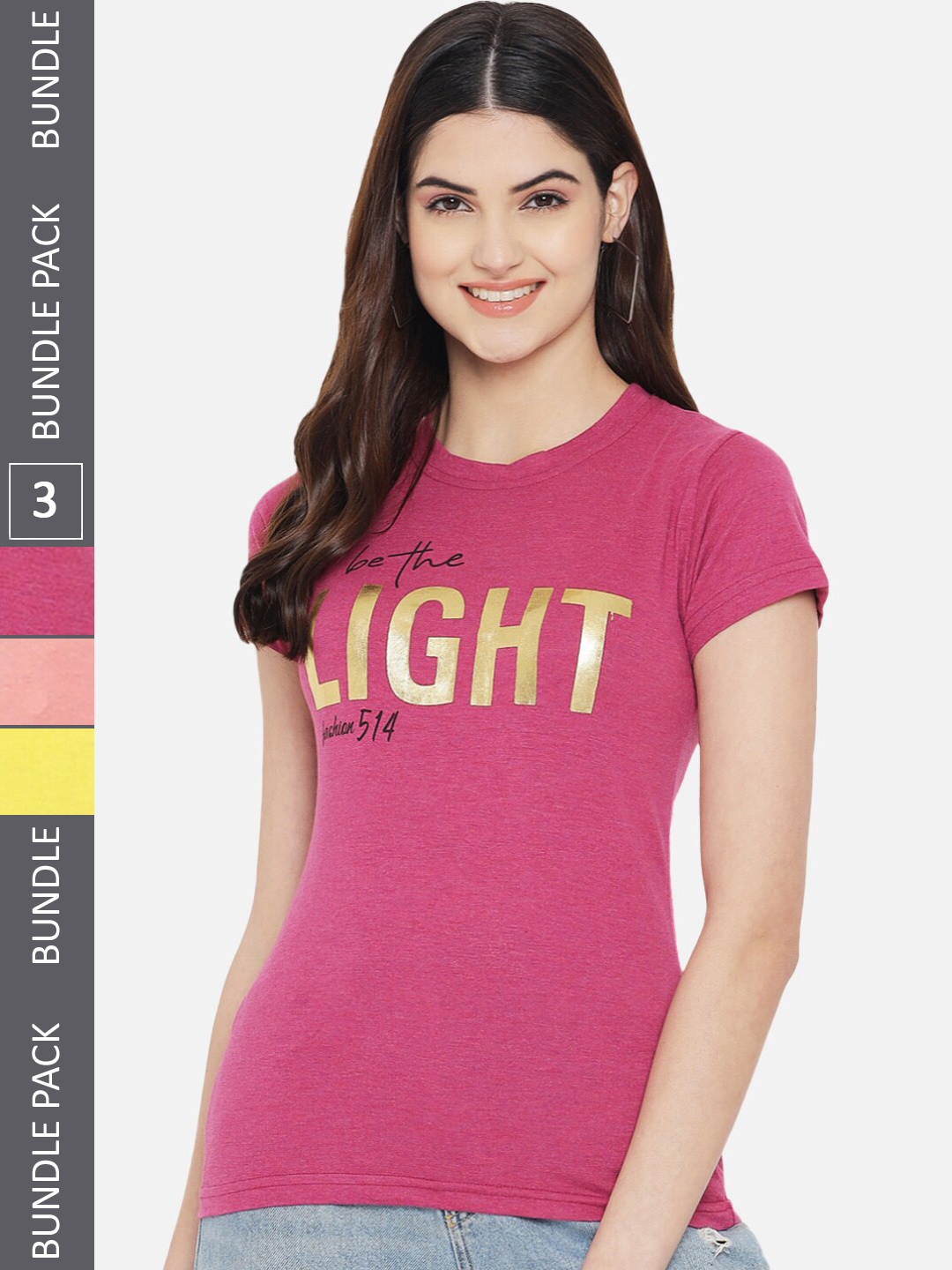 

BAESD Pack Of 3 Typography Printed Cotton T-shirt, Pink