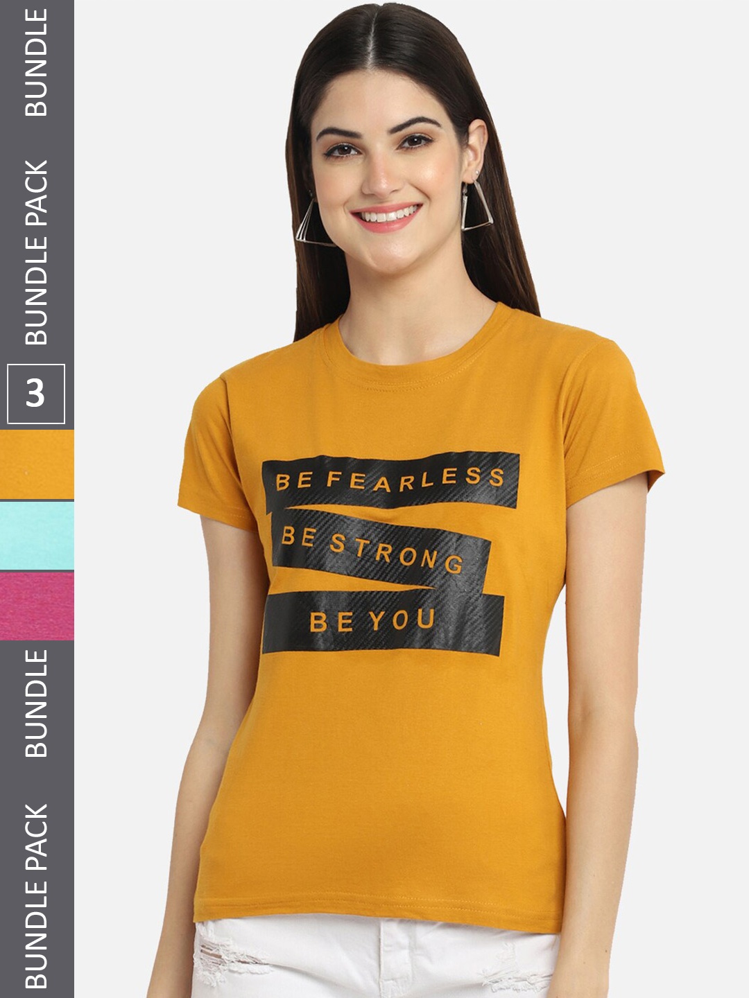 

BAESD Pack Of 3 Typography Printed Cotton T-shirt, Mustard