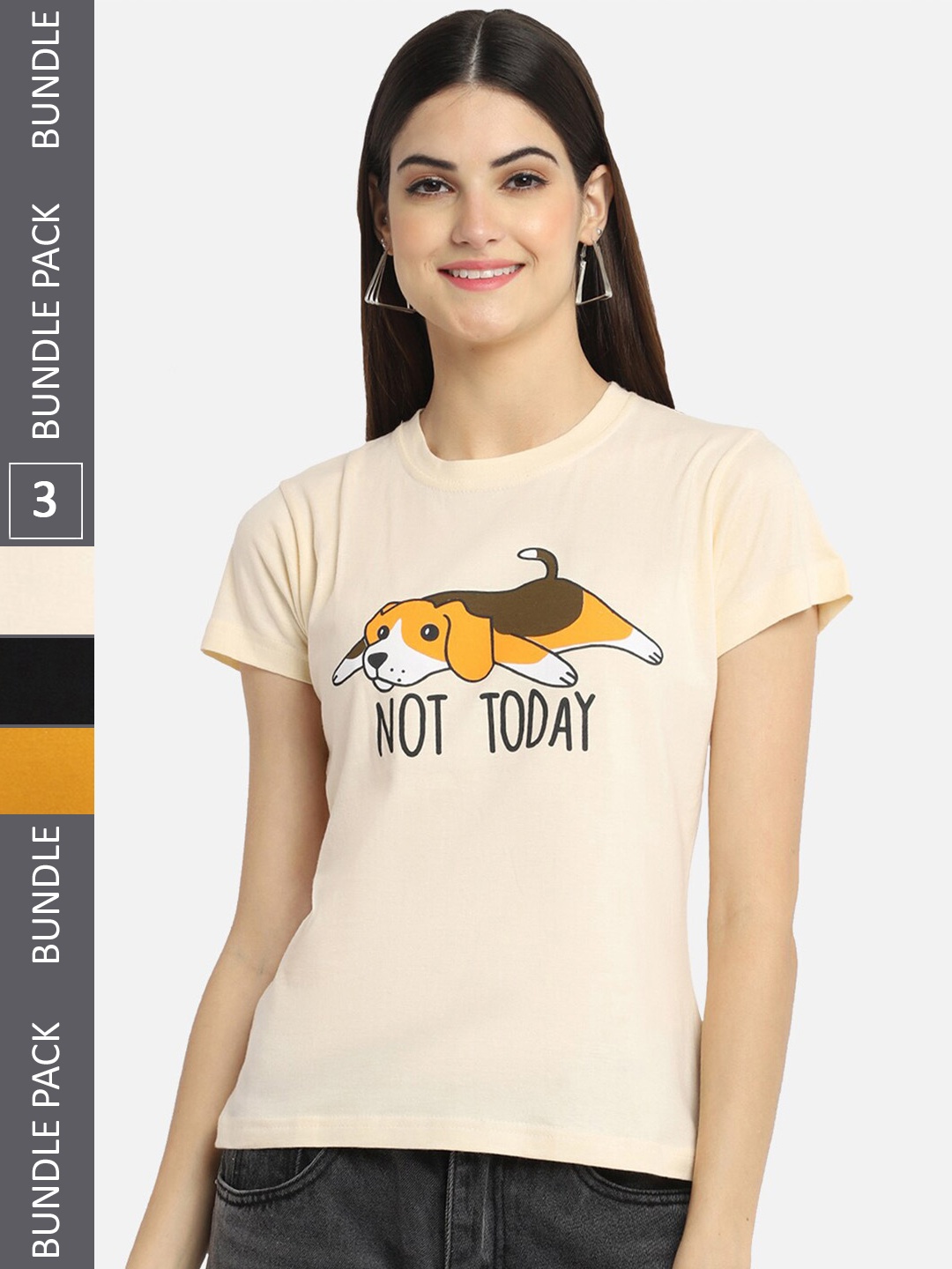 

BAESD Pack Of 3 Graphic Printed Cotton T-shirts, Cream