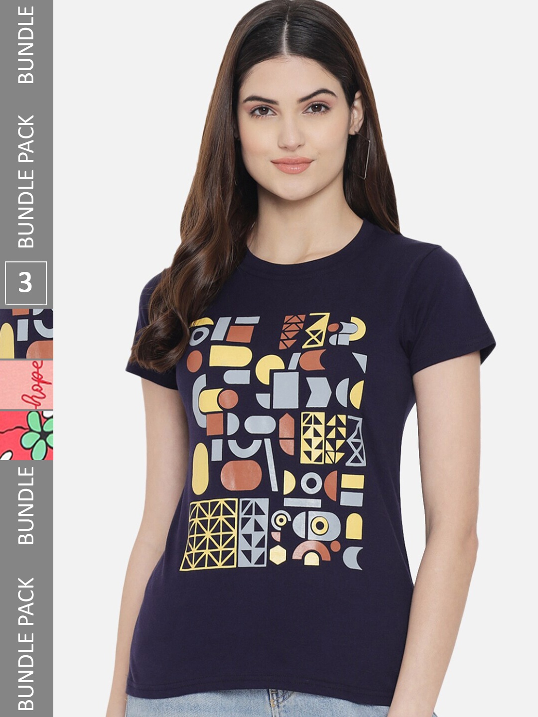 

BAESD Pack Of 3 Graphic Printed Cotton Casual T-Shirt, Navy blue