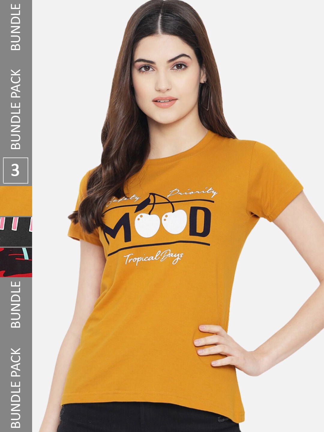 

BAESD Pack Of 3 Typography Printed Cotton Casual T-shirt, Mustard