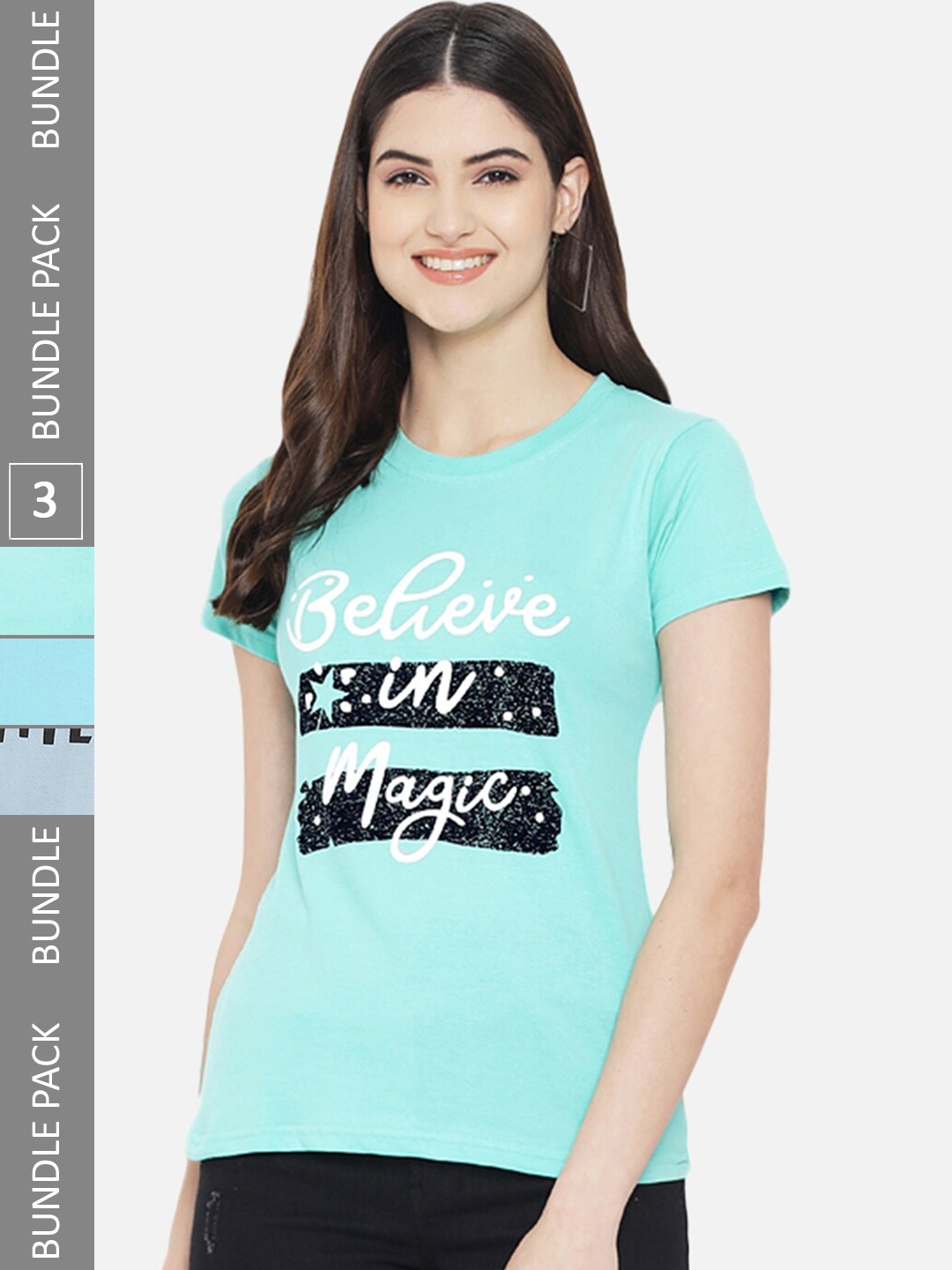 

BAESD Pack Of 3 Typography Printed Cotton T-shirts, Turquoise blue