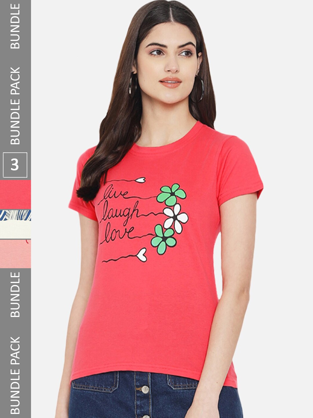 

BAESD Pack Of 3 Printed Cotton T-Shirt, Coral