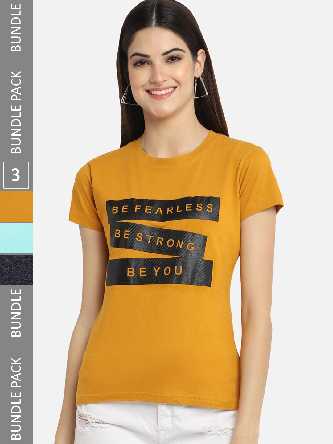 

BAESD Pack of 3 Printed Cotton T-shirts, Mustard