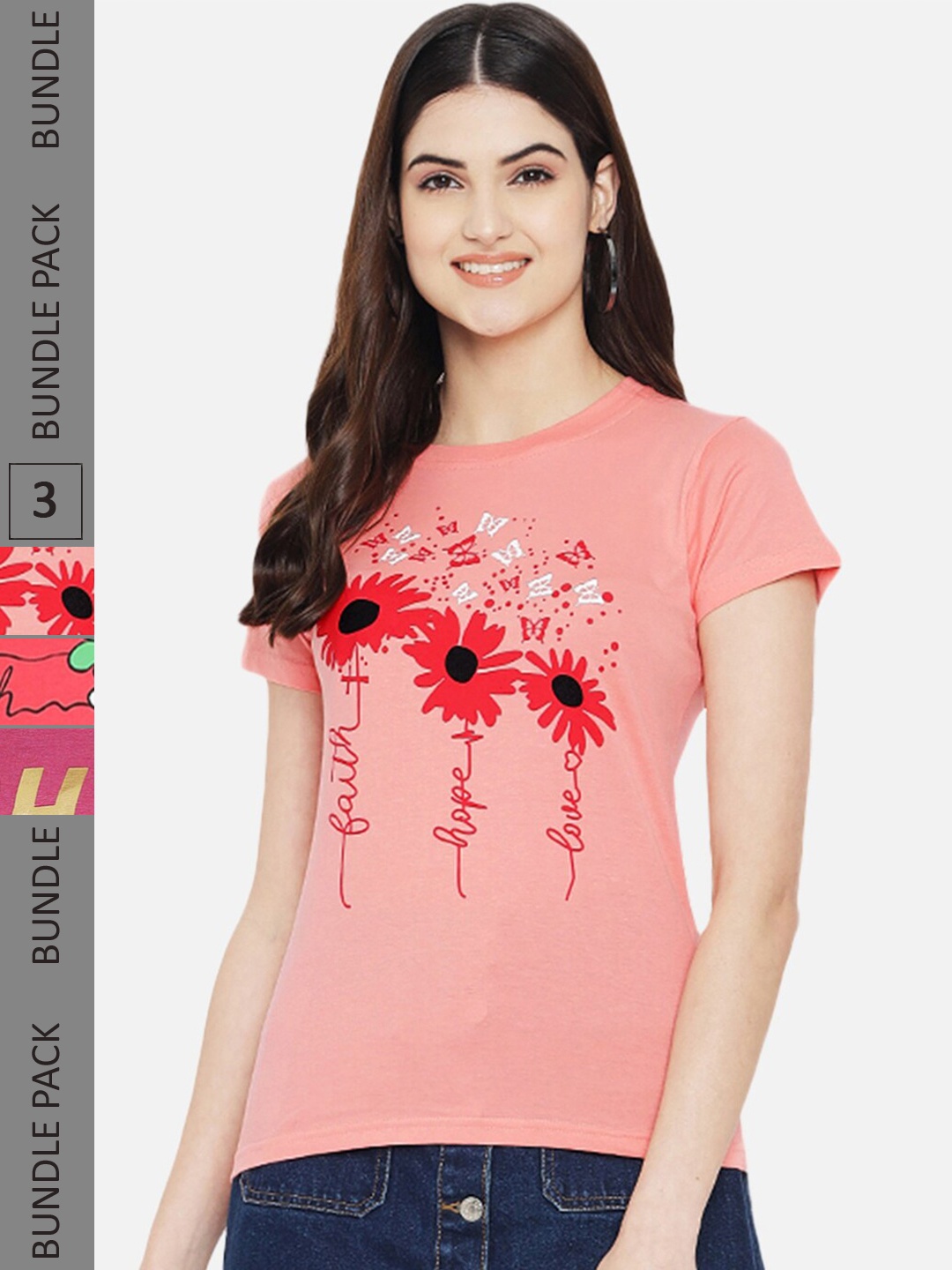 

BAESD Pack of 3 Typography Printed Cotton T-shirt, Pink