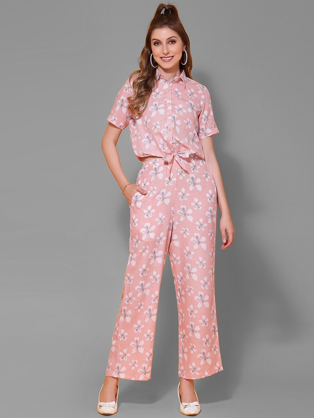 

Selvia Floral Printed Shirt Collar Top with Trousers, Peach