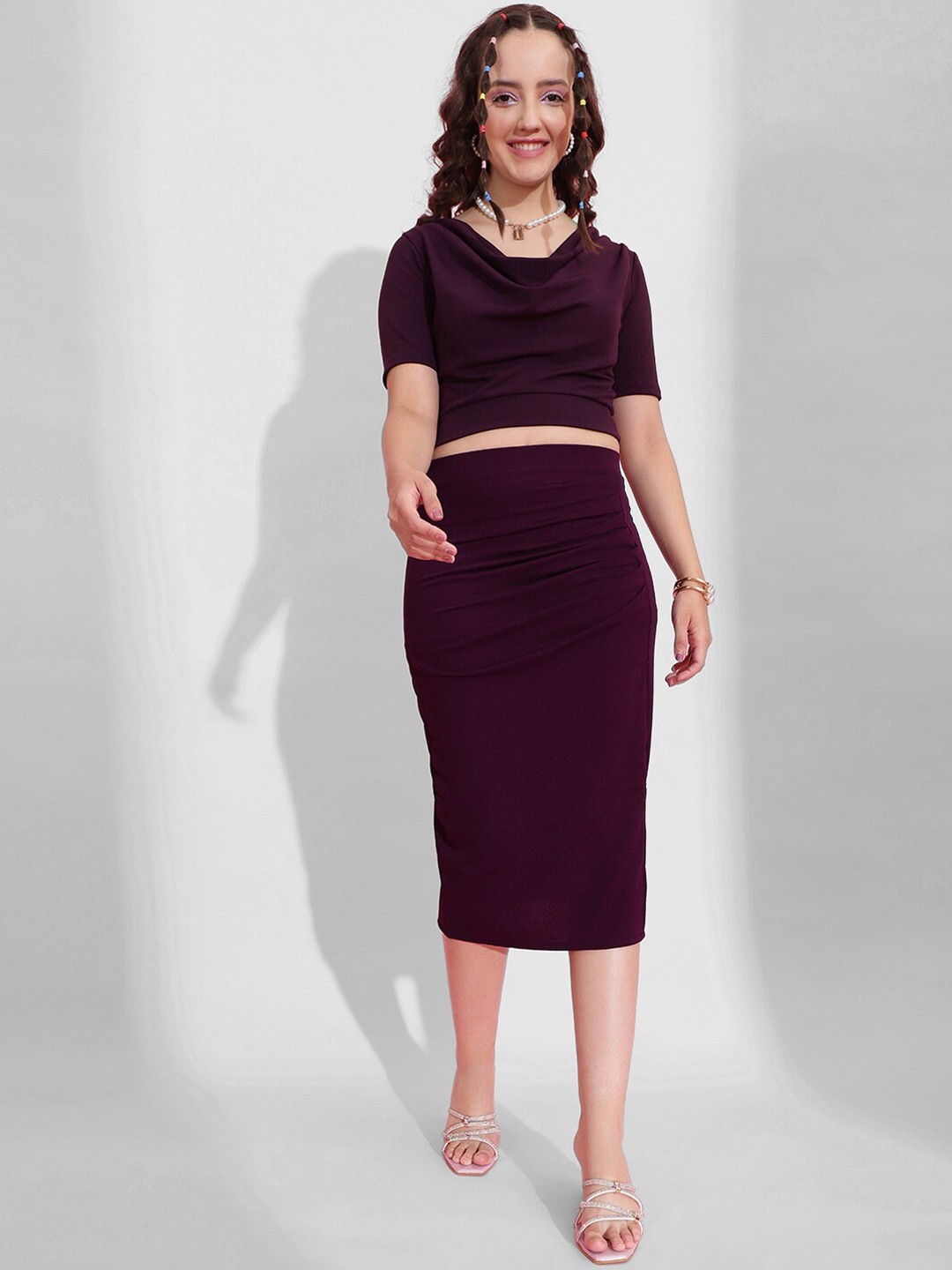 

Selvia Cowl Neck Top & Ruched Skirt Co-Ords, Purple