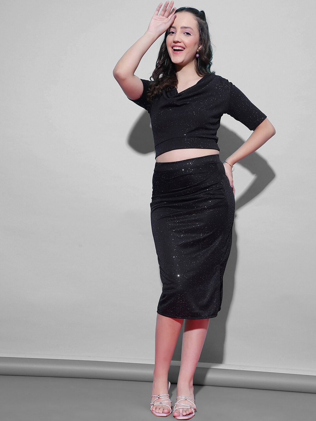 

Selvia Cowl Neck Top & Ruched Skirt Co-Ords, Black