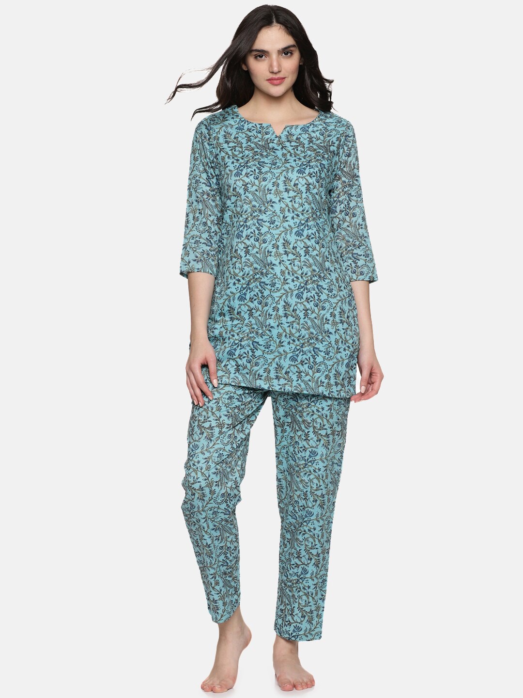 

Palakh Floral Printed Pure Cotton Night suit, Turquoise blue