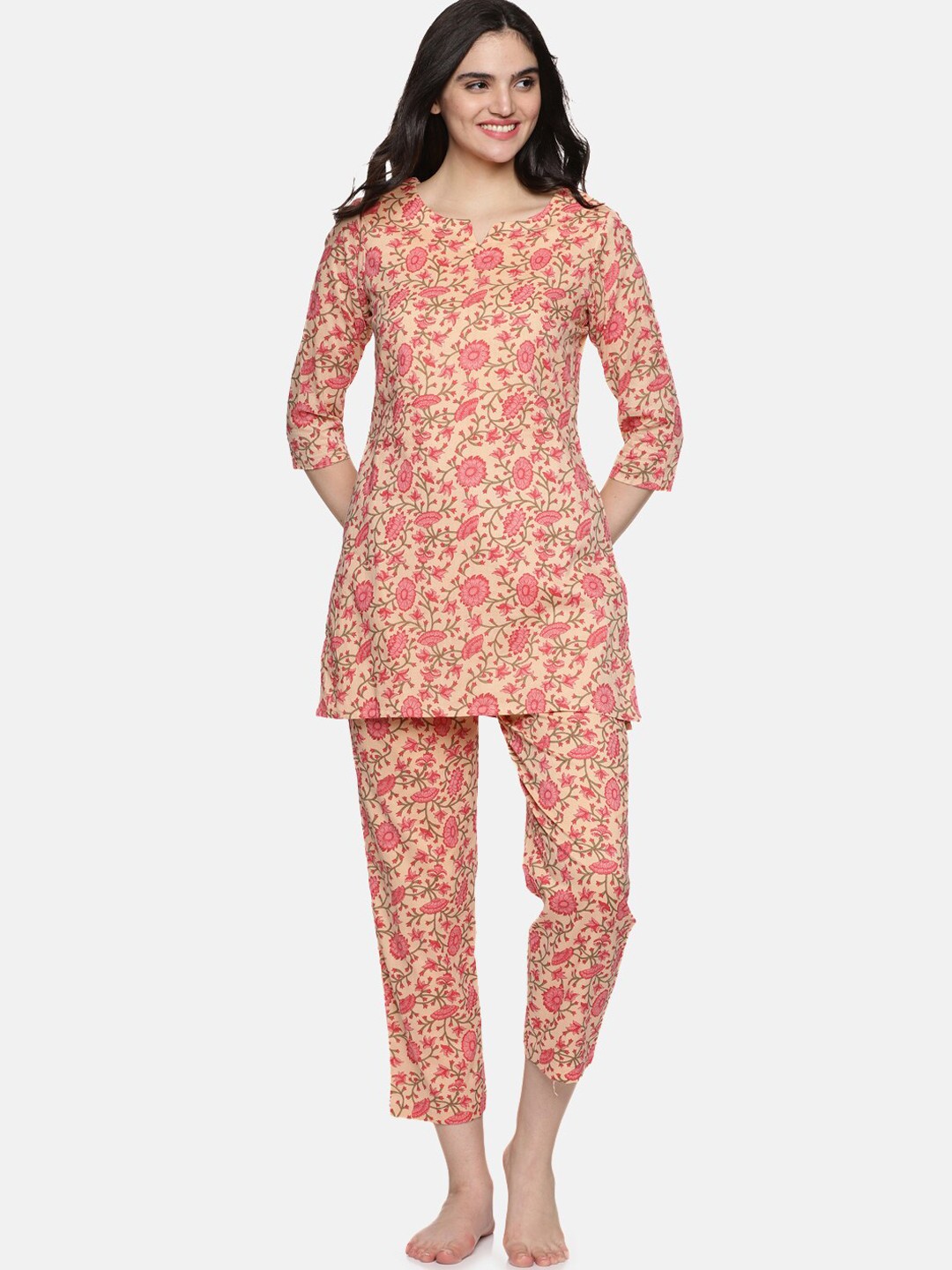 

Palakh Floral Printed Pure Cotton Night suit, Peach