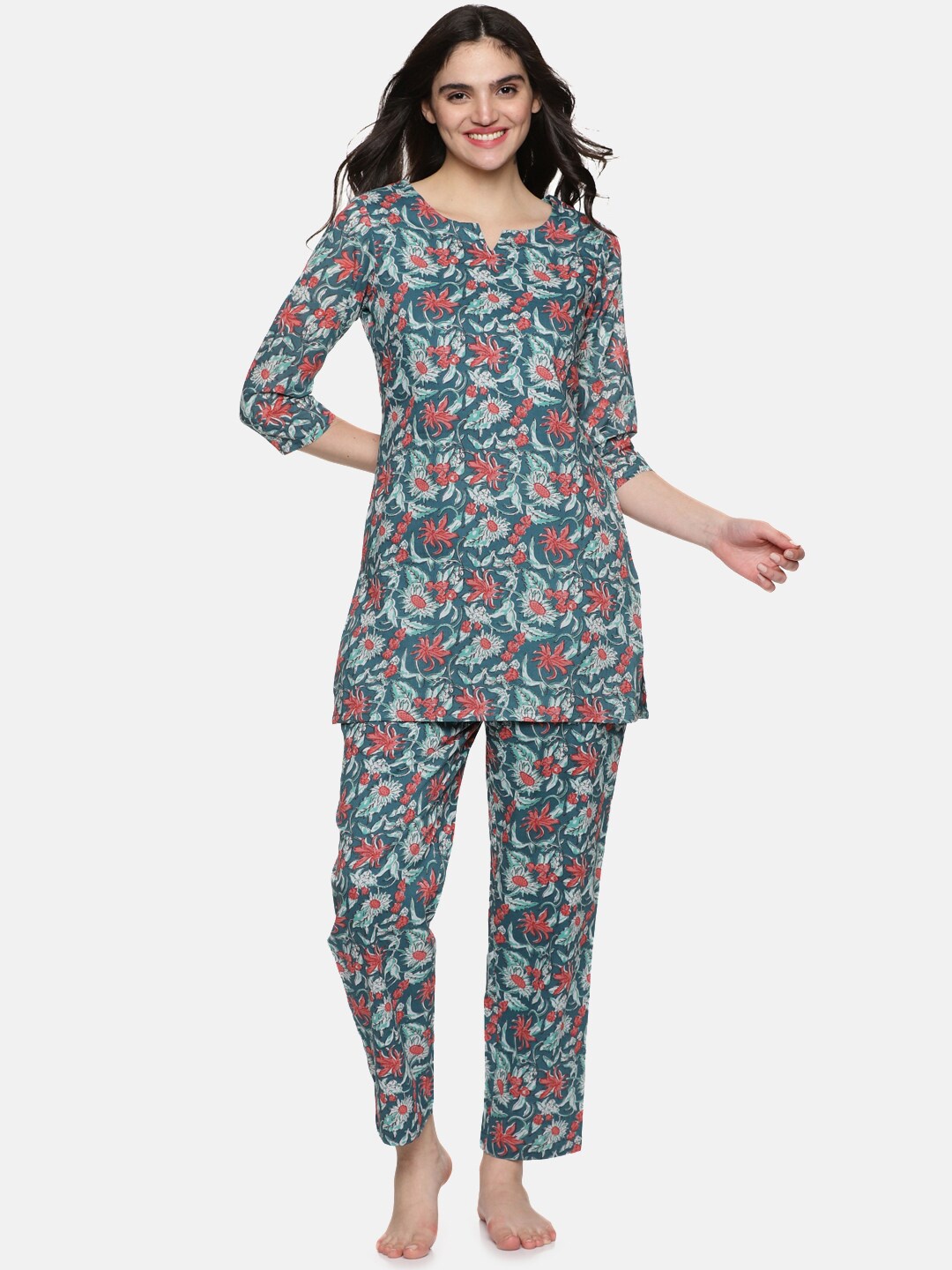 

Palakh Floral Printed Pure Cotton Night suit, Green