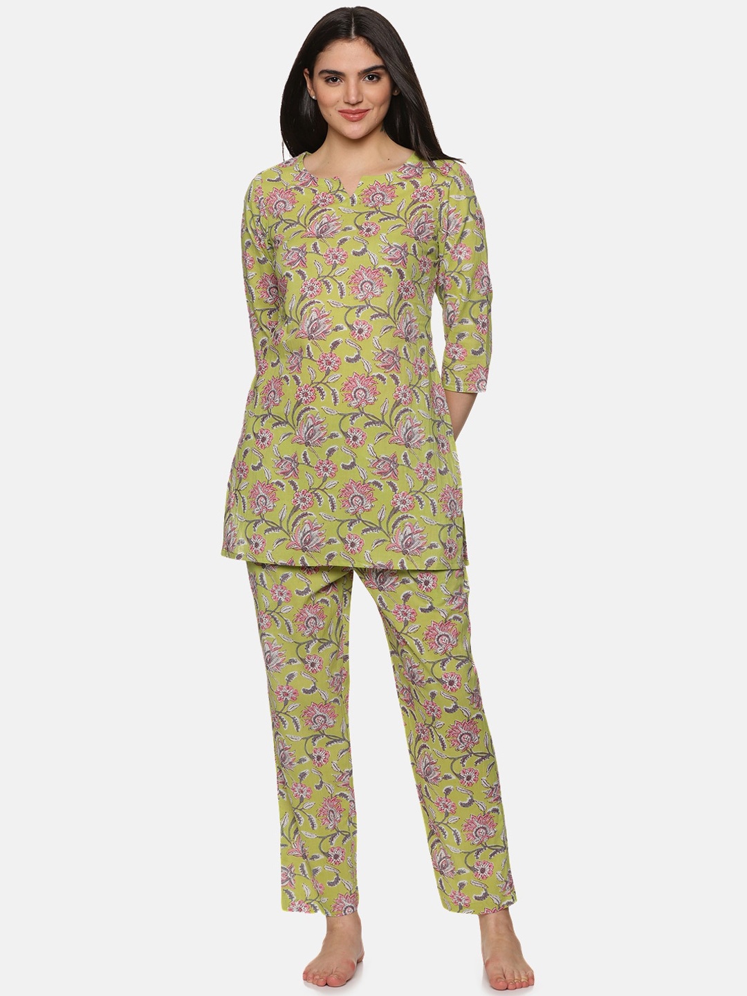 

Palakh Floral Printed Pure Cotton Night suit, Green