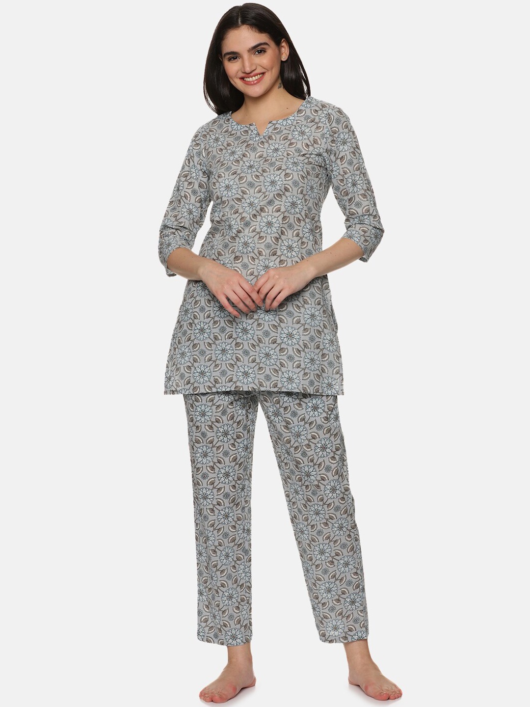 

Palakh Floral Printed Pure Cotton Night suit, Grey