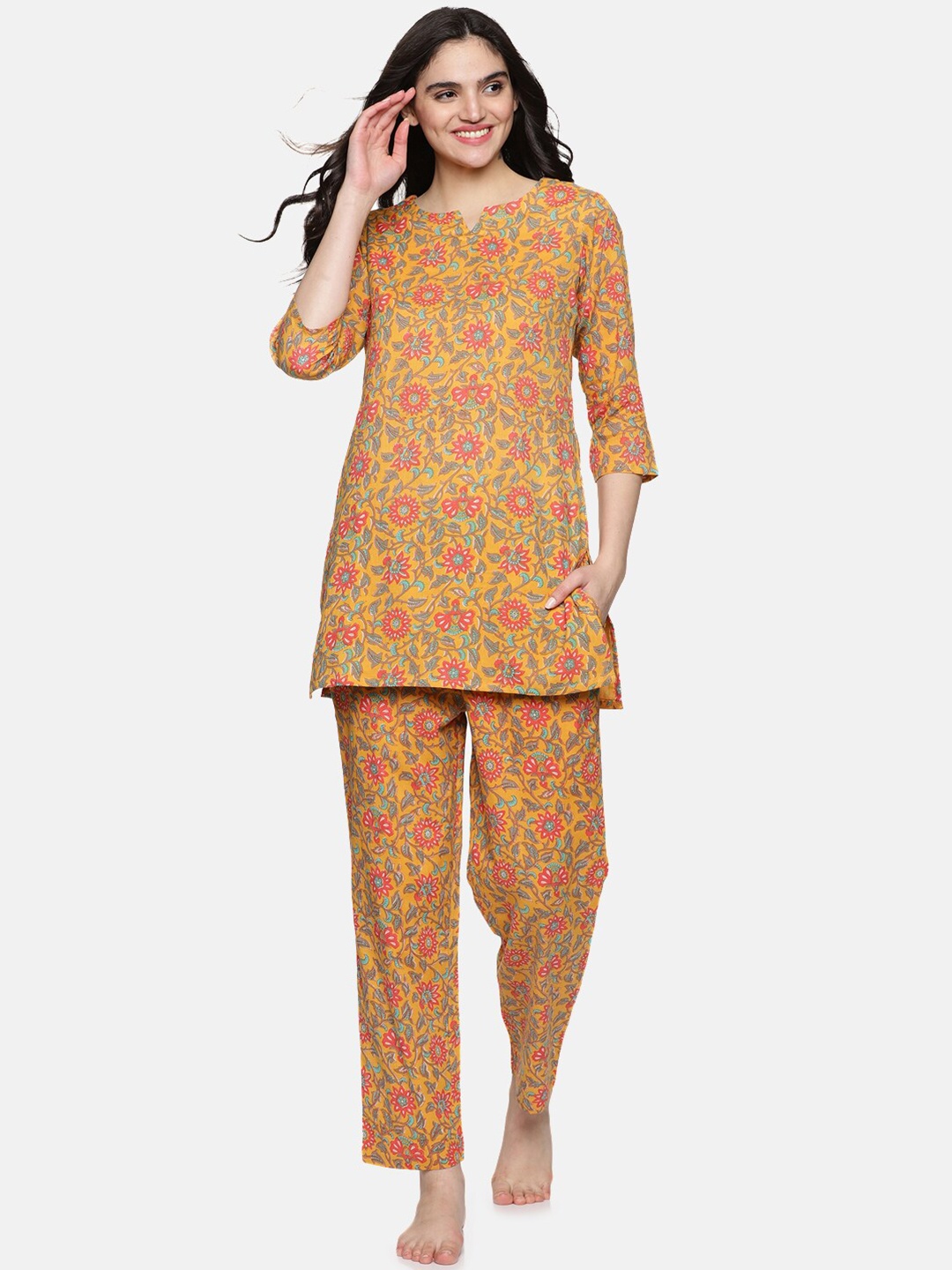 

Palakh Floral Printed Pure Cotton Night suit, Mustard