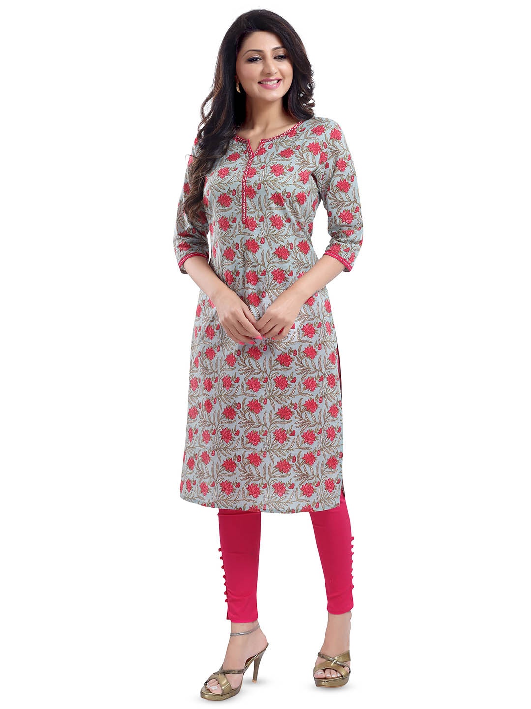 

keshubaba Floral Printed Round Neck Three-Quarter Sleeve Cotton Kurta, Blue