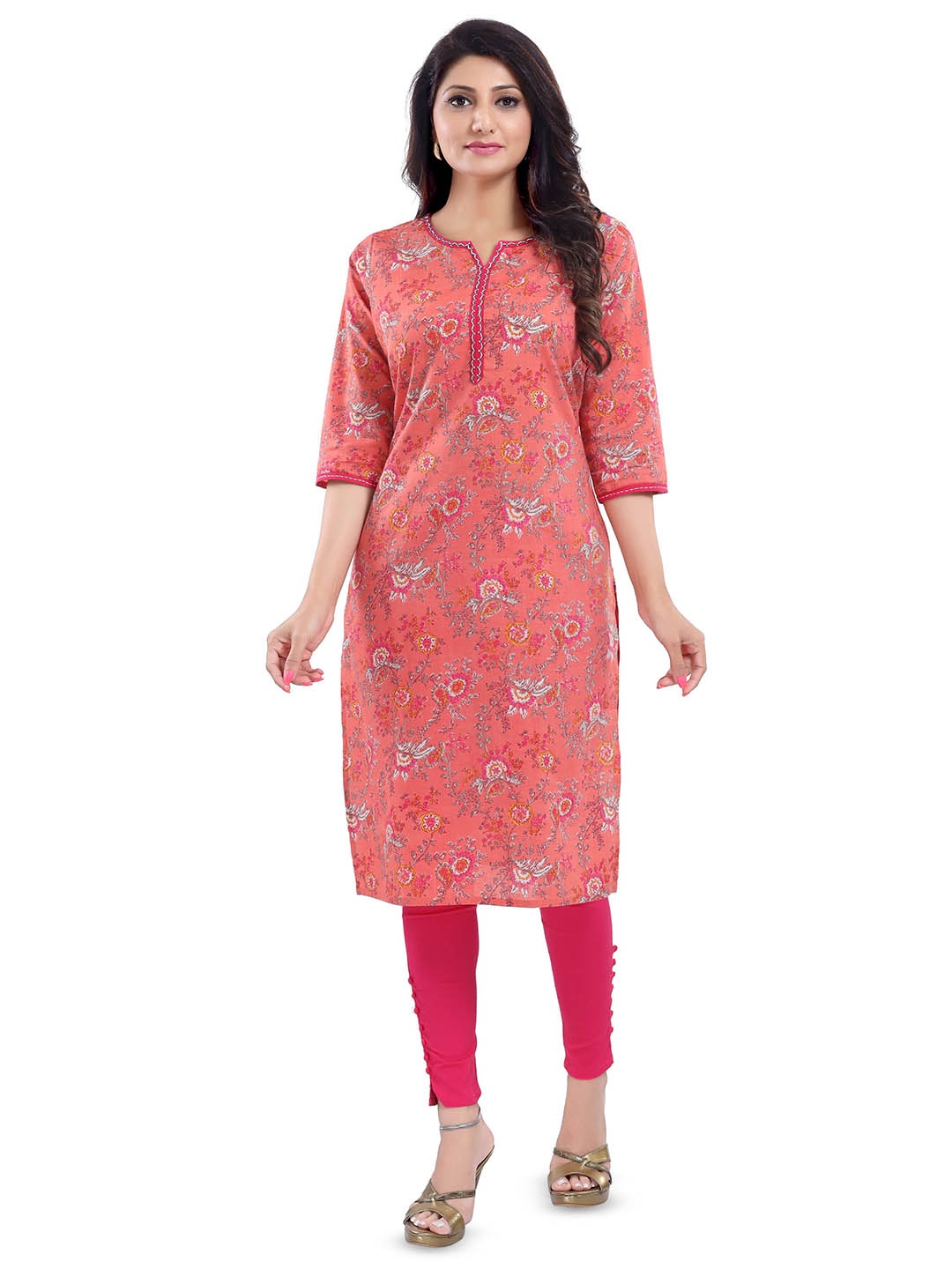 

keshubaba Floral Printed Round Neck Three-Quarter Sleeve Cotton Kurta, Orange