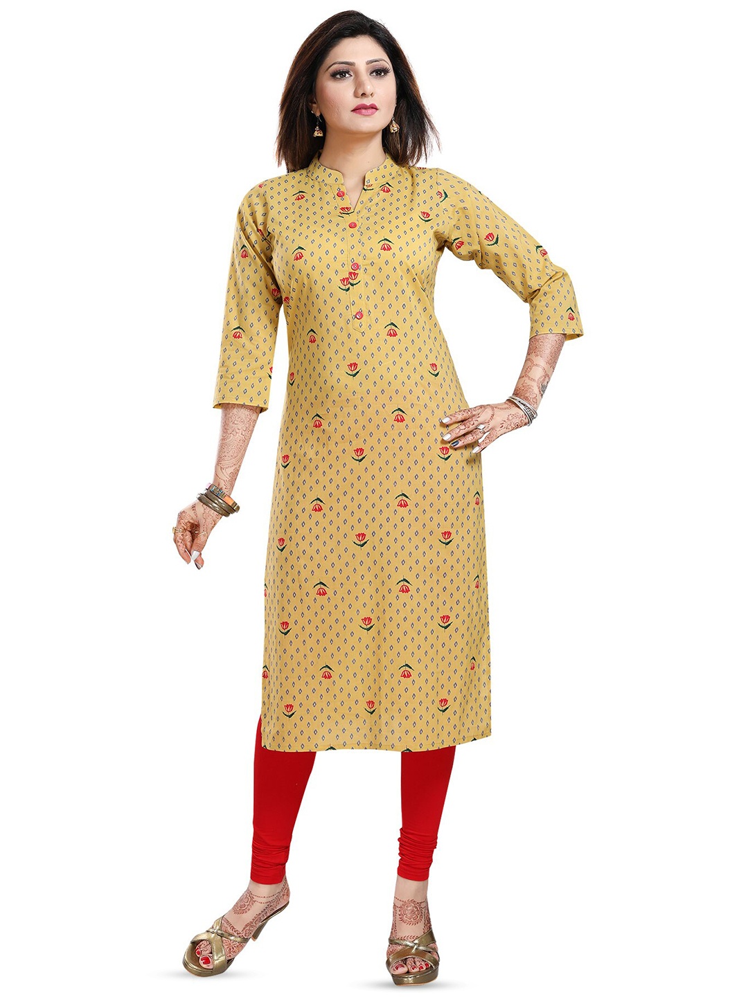 

keshubaba Floral Printed Mandarin Collar Straight Kurta, Yellow