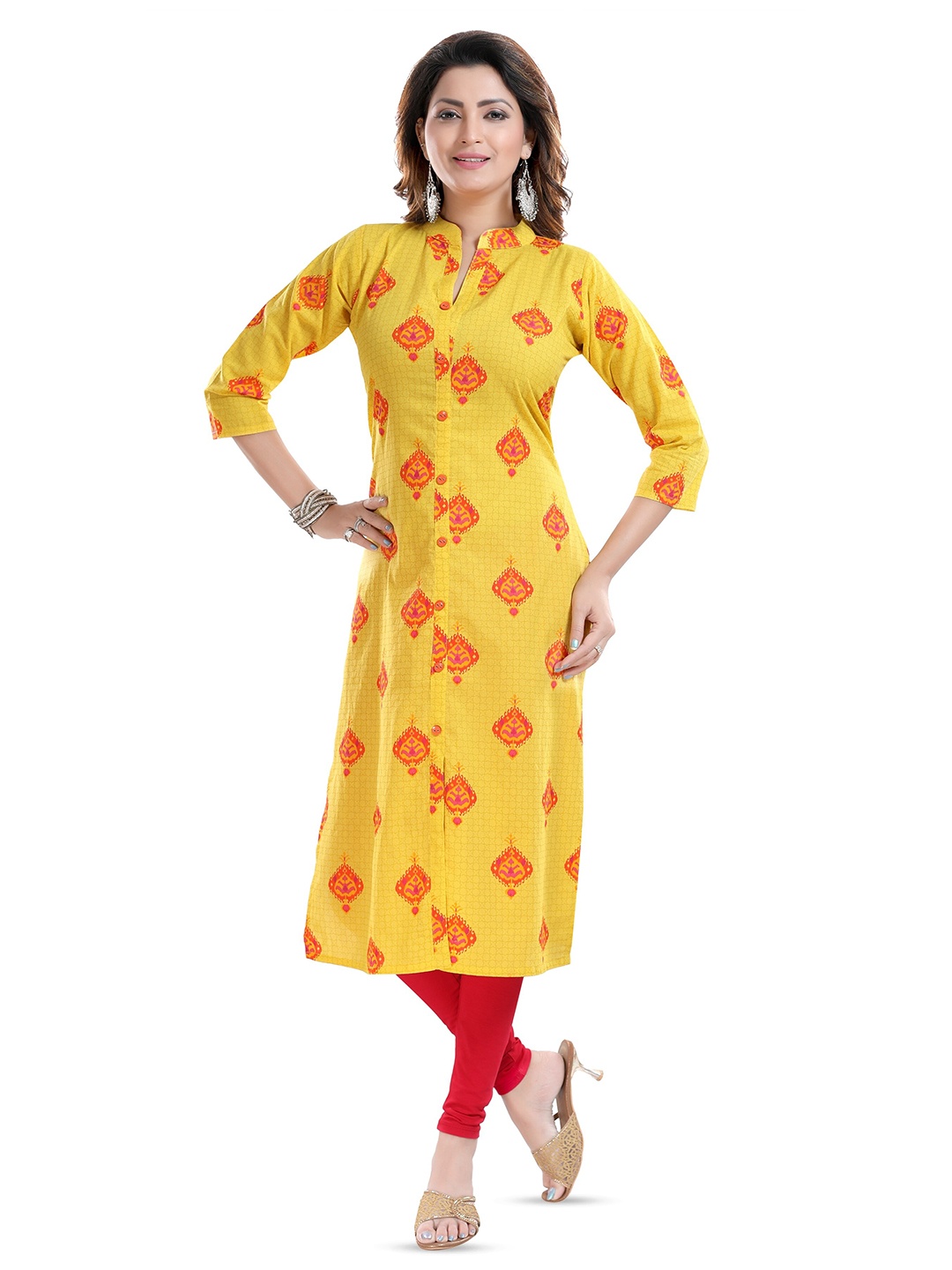

Keshubaba Ethnic Motifs Printed Mandarin Collar Three-Quarter Sleeve Straight Kurta, Yellow