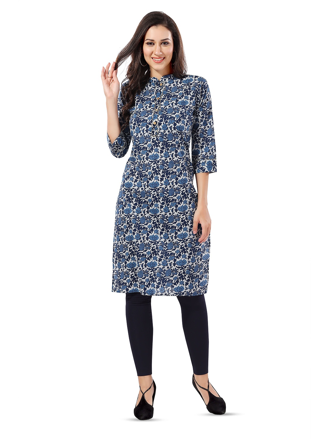 

Keshubaba Floral Printed Mandarin Collar Three-Quarter Sleeve Gota Patti Cotton Kurta, Blue