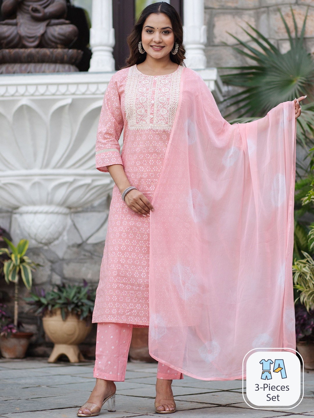 

misbis Floral Printed Thread Work Pure Cotton Straight Kurta & Trousers With Dupatta, Pink