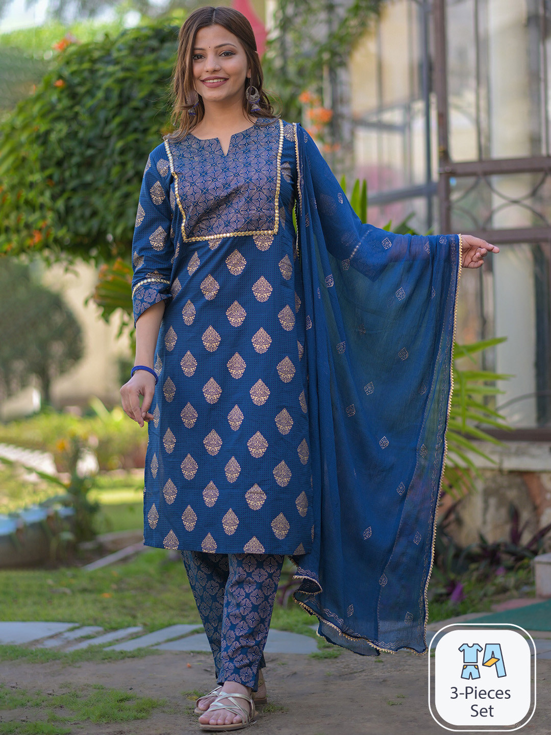 

misbis Ethnic Motifs Printed Mirror Work Pure Cotton Kurta with Trousers & With Dupatta, Teal