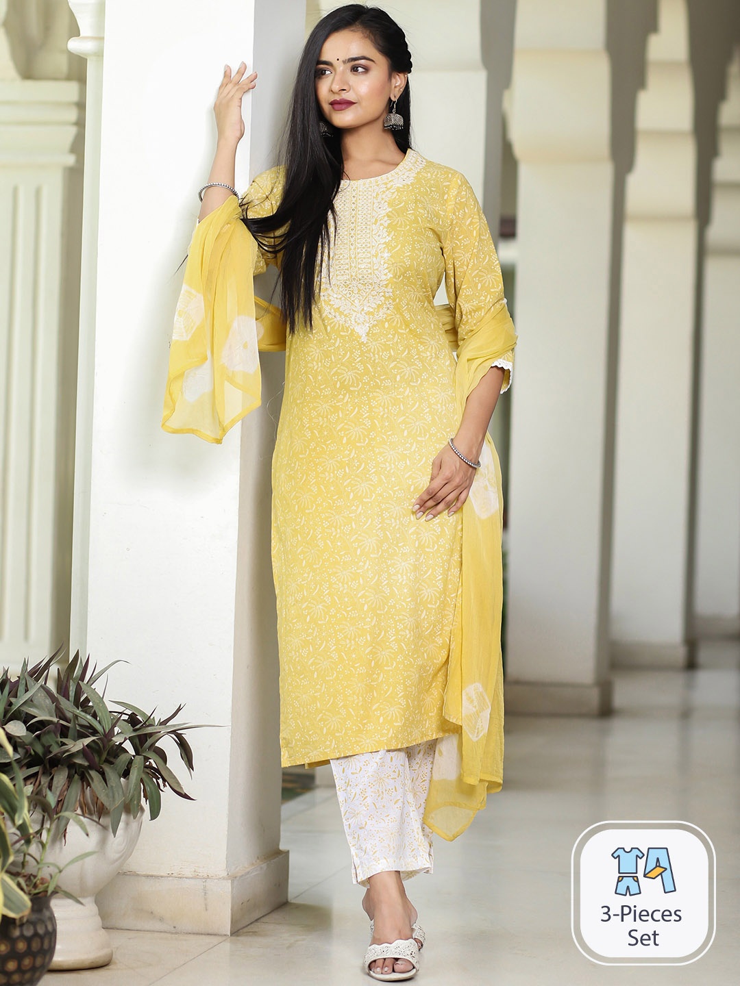 

misbis Floral Printed Thread Work Pure Cotton Kurta with Trousers & With Dupatta, Yellow